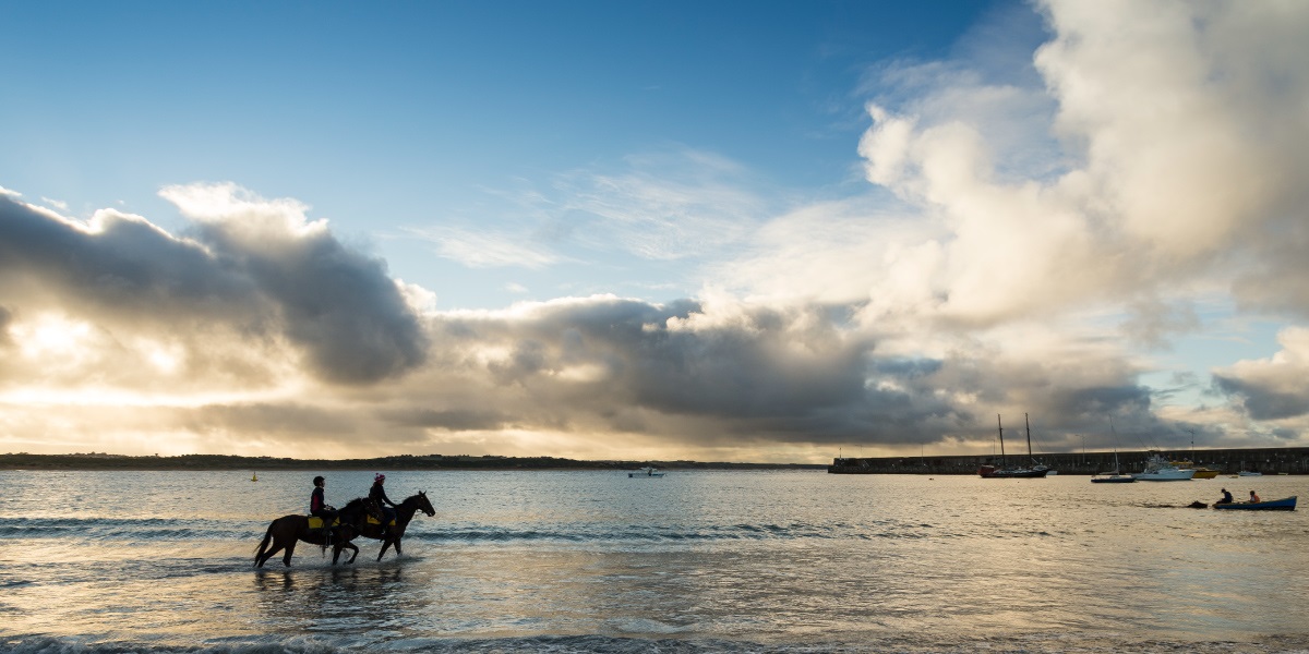 Two people riding horses on the shoreline, the sun is rising in the background.