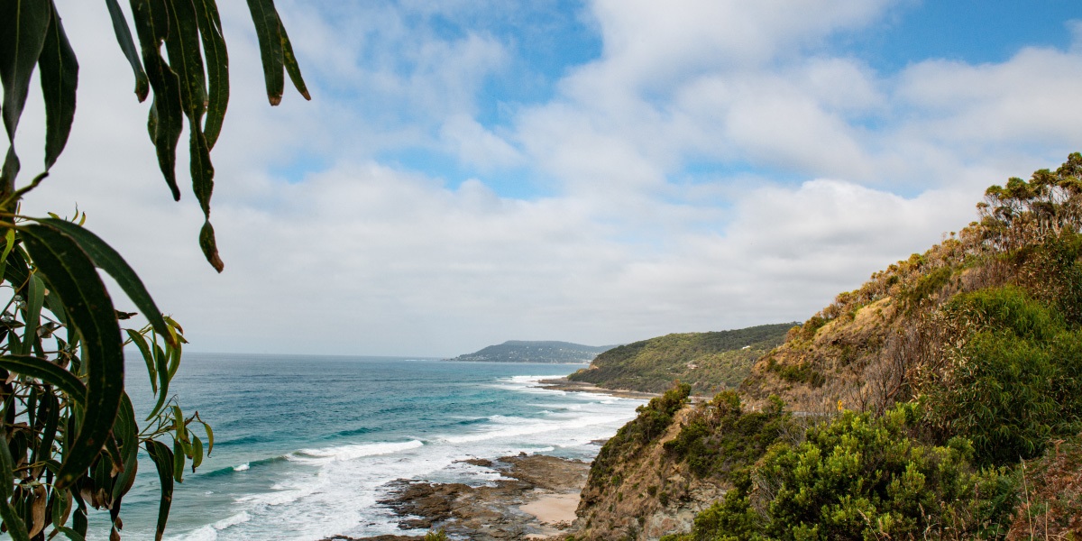 A landscape image of the Great Ocean Road Coast, taken from the cliff looking our to the ocean.