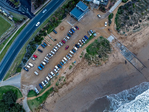 An arial view of Fishermans Beach and the existing carpark.  Image via @shananphotos