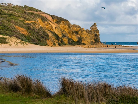 Landscape view of Aireys Inlet beach and cliffs.